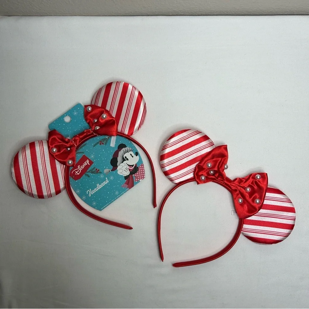 2 Disney Minnie Mouse Holidays Valentines headbands Red White Stripes Bow Pearls